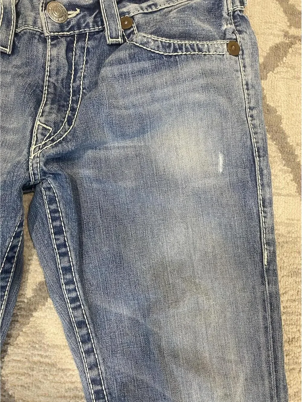 True Religion Mens Sz 33 Section Ricky Giant Big T Seat 34 Thick Stitch Jeans